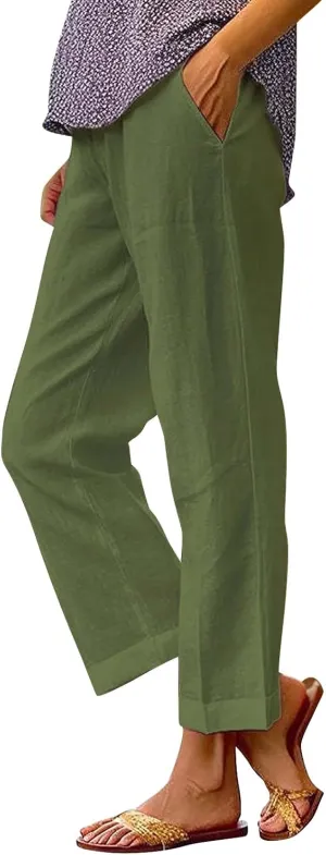 Womens Cotton Linen Pants Straight Leg Solid Color Elastic Waist Lightweight Beach Pants Summer Thin Workout Relaxed Trousers