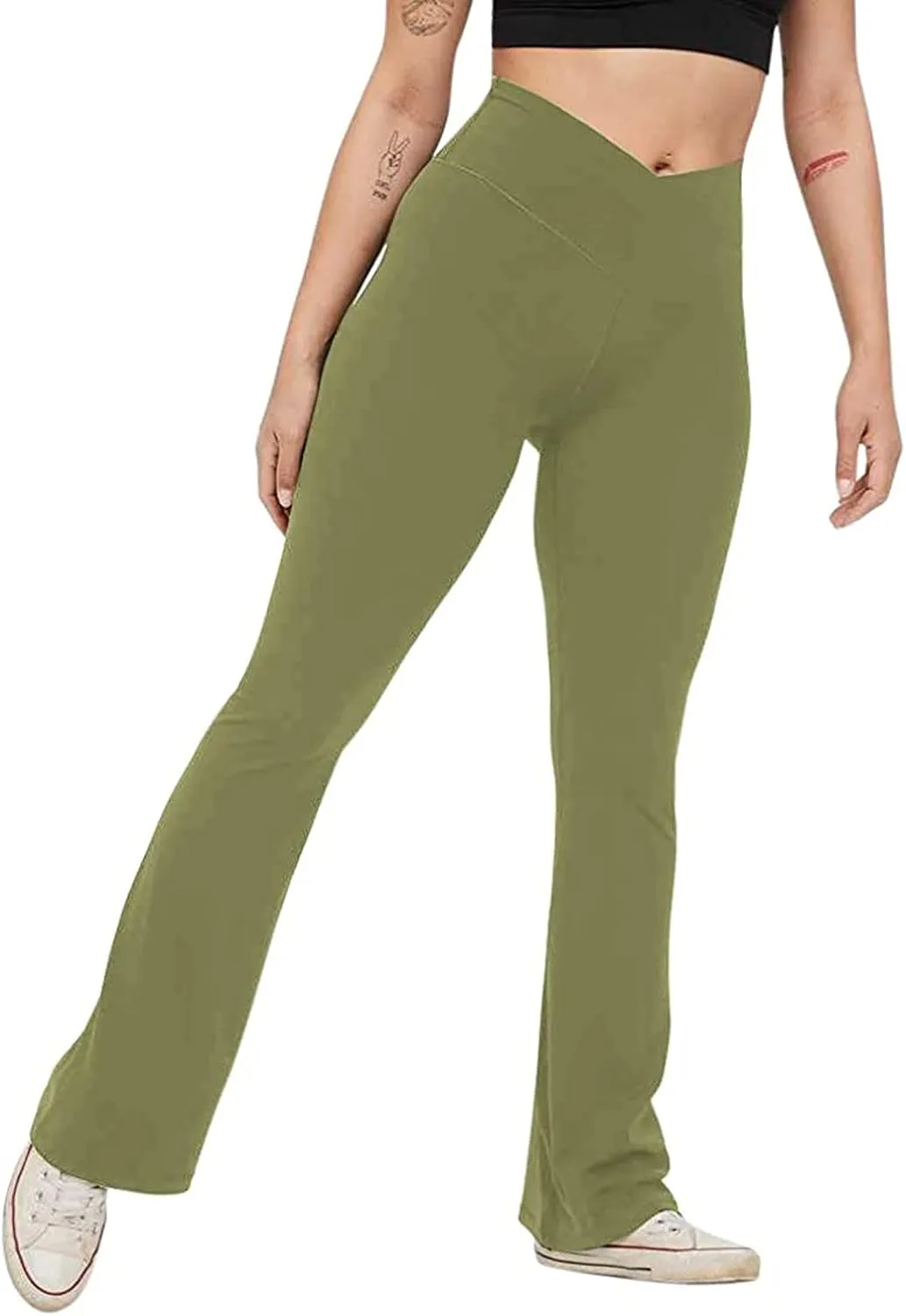 Yoga Pants Women Flare High Waisted Leggings Tummy Control Bell Bottom Cross Waist Leggings Wide Leg Casual Pants