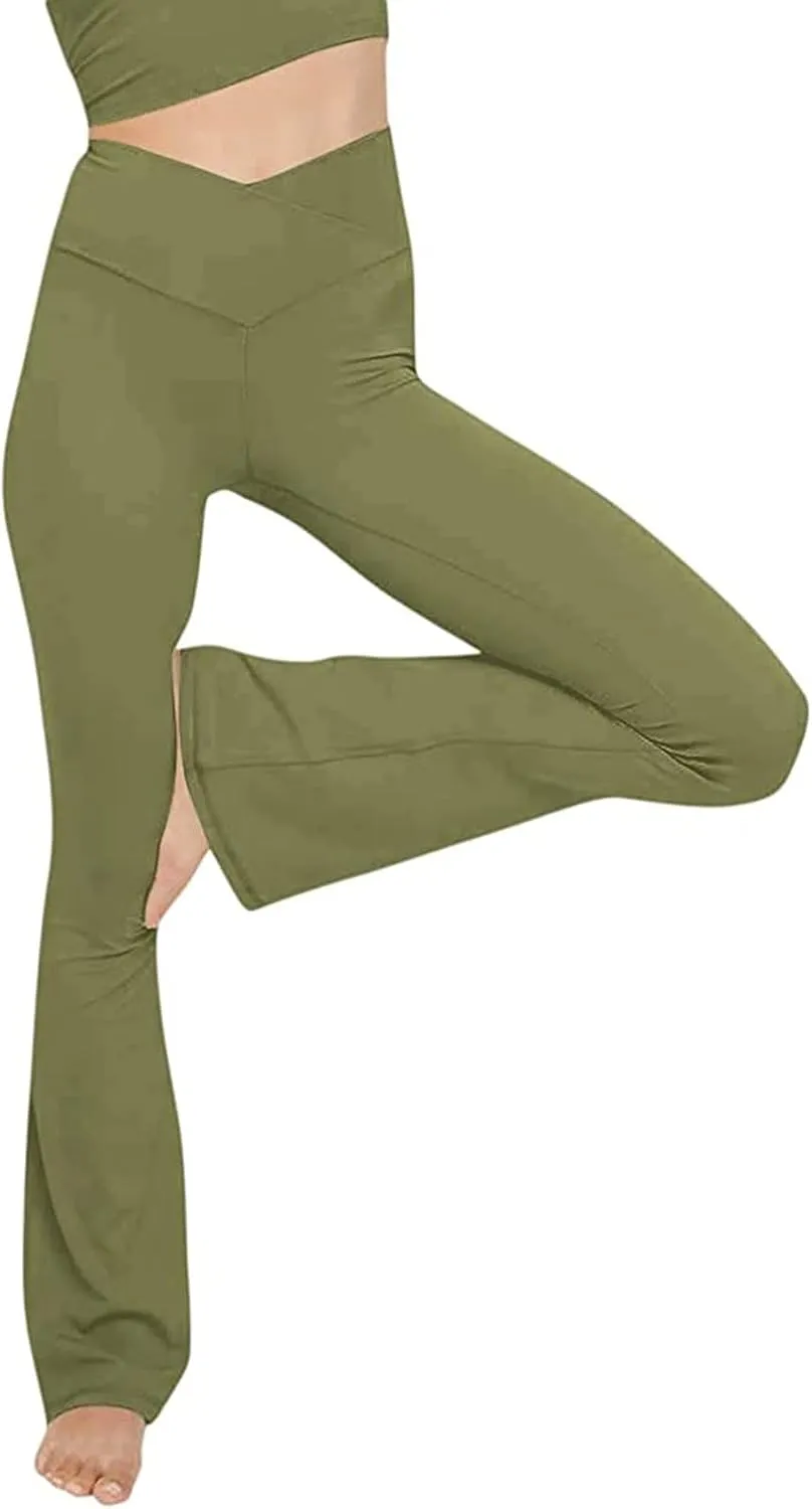 Yoga Pants Women Flare High Waisted Leggings Tummy Control Bell Bottom Cross Waist Leggings Wide Leg Casual Pants