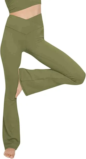 Yoga Pants Women Flare High Waisted Leggings Tummy Control Bell Bottom Cross Waist Leggings Wide Leg Casual Pants